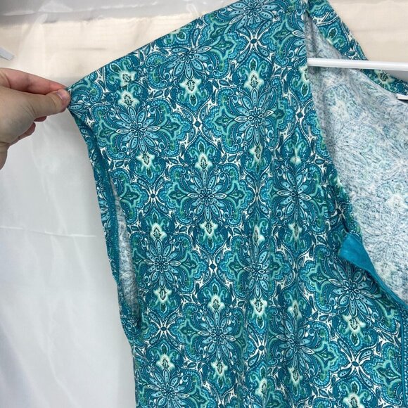 J Jill Women 4X Floral Tunic Top Linen Blend Blue V Neck Side Slits Short Sleeve - Picture 2 of 9